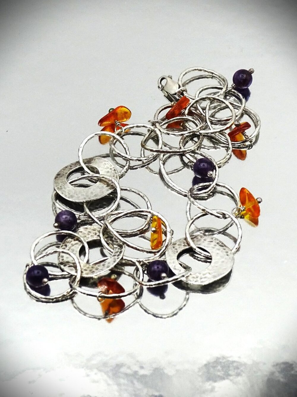 AVI SOFFER Sterling Silver Genuine Amber and Amethyst Beads Chain Necklace